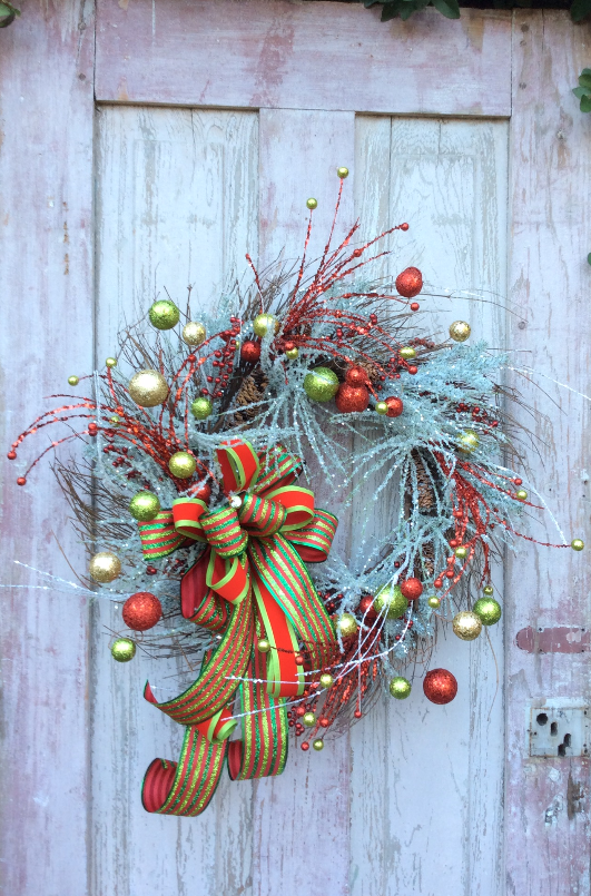 Christmas Flocked Red and Green Ball Wreath