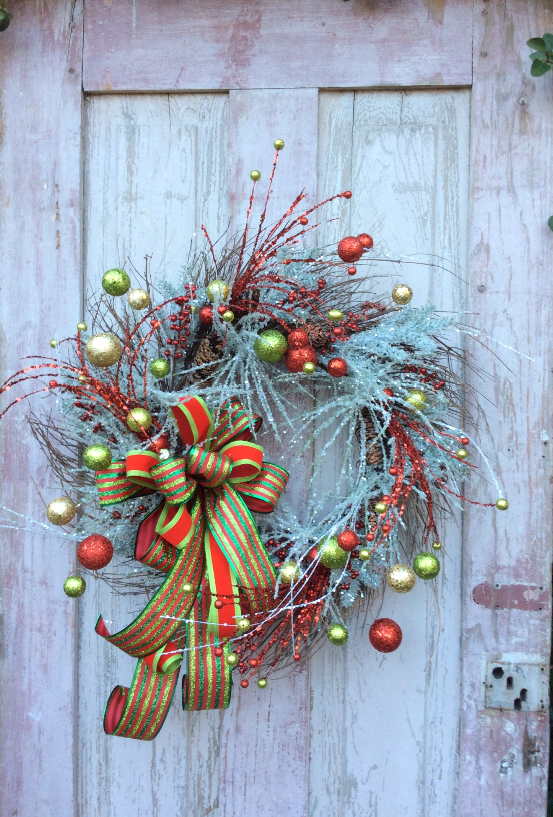 Christmas Flocked Red and Green Ball Wreath