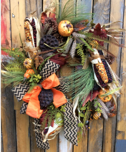 Fall Wreath with corn and burlap ribbon